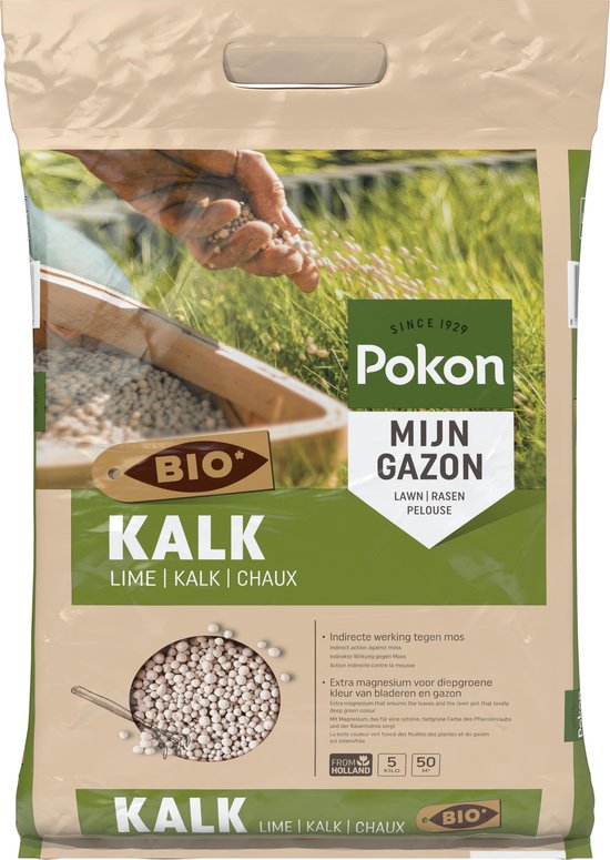 BIO kalkzak voor gazon, groene opdruk en korrelillustratie