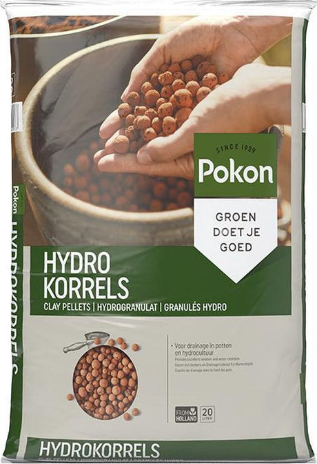 Pokon hydrokorrels zak 20 liter, groen-witte verpakking met afgebeelde korrels