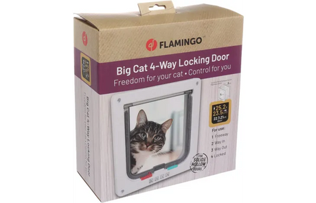 Verpakking van Flamingo kattenluik met 4-standen en vergrendeling