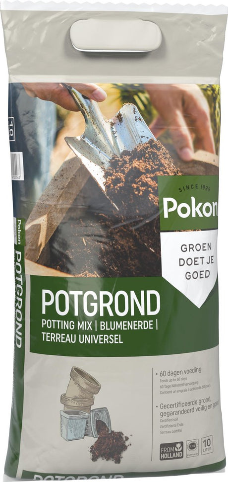 Universele potgrondzak van Pokon, 10 liter, label voor planten en potten.