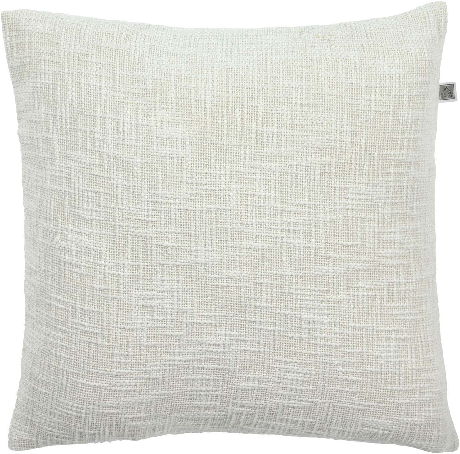 Sierkussen 45x45 cm met ivoor geweven structuur en sierlabel linksboven