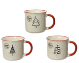Porseleinen koffiemokken (3 stuks), beige met rode rand en kerstboom-illustraties
