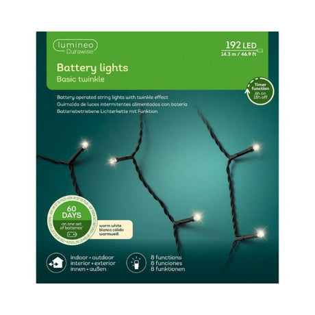 Kerstverlichting twinkle op batterijen met 192 LED’s en warmwitte gloed, set op kaart
