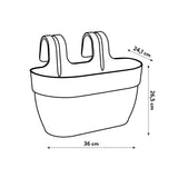 Tekening van plantenbak met easy hanger: 36 cm breed en 26,5 cm hoog