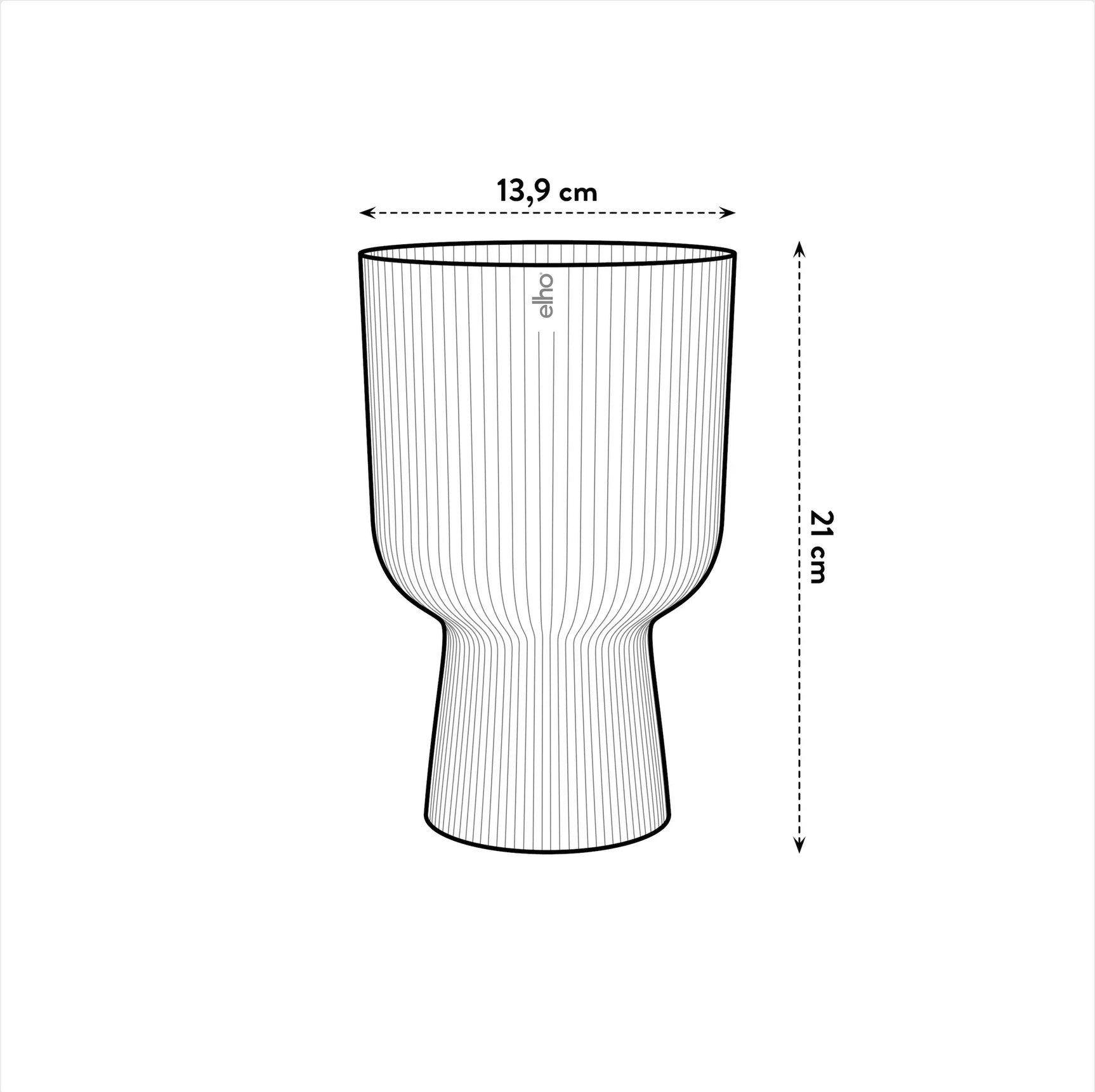 Elho plantenbak-tekening met maten: 13,9 cm breed en 21 cm hoog.