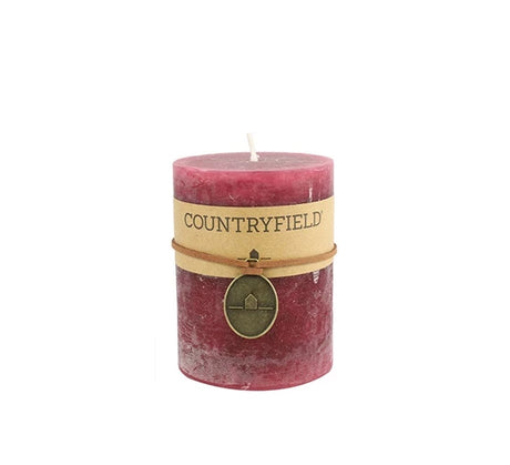Paarse Countryfield kaars, cilindervormig met houten label en waxdeksel