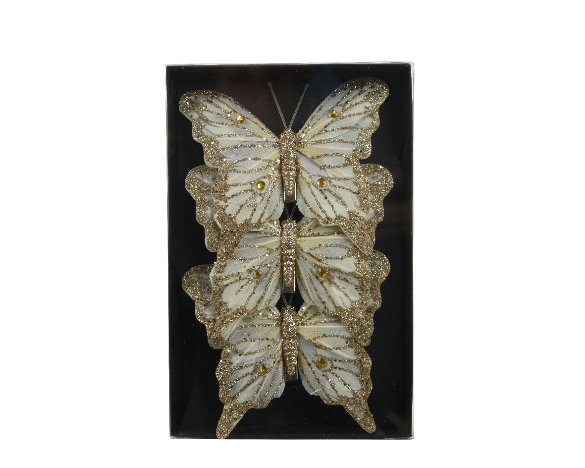Vlinderornament met gouden glitter en gevederde vleugels