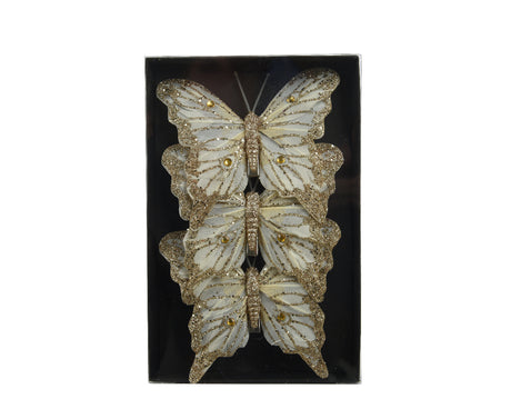 Vlinderornament met gouden glitter en gevederde vleugels