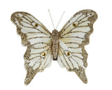 Gouden glitter vlinderornament met veerachtige vleugels en bevestigingsclip