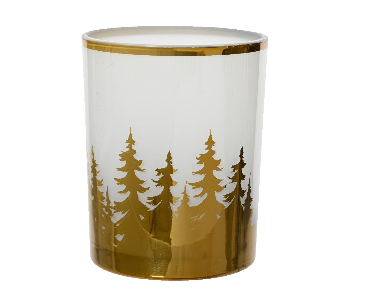 Windlicht van amberkleurig glas met decor van silhouetten van dennenbomen