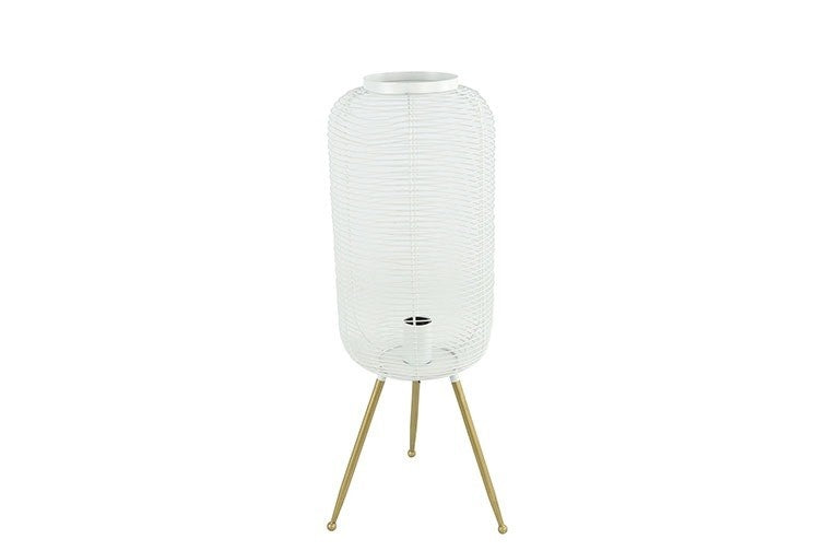 Tafellamp met witte stoffen kap en gouden driepoot