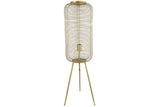 Gouden staande lamp met draadkooi cilinderschemering en driepoot metalen frame