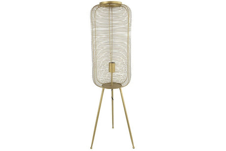 Gouden staande lamp met draadkooi cilinderschemering en driepoot metalen frame