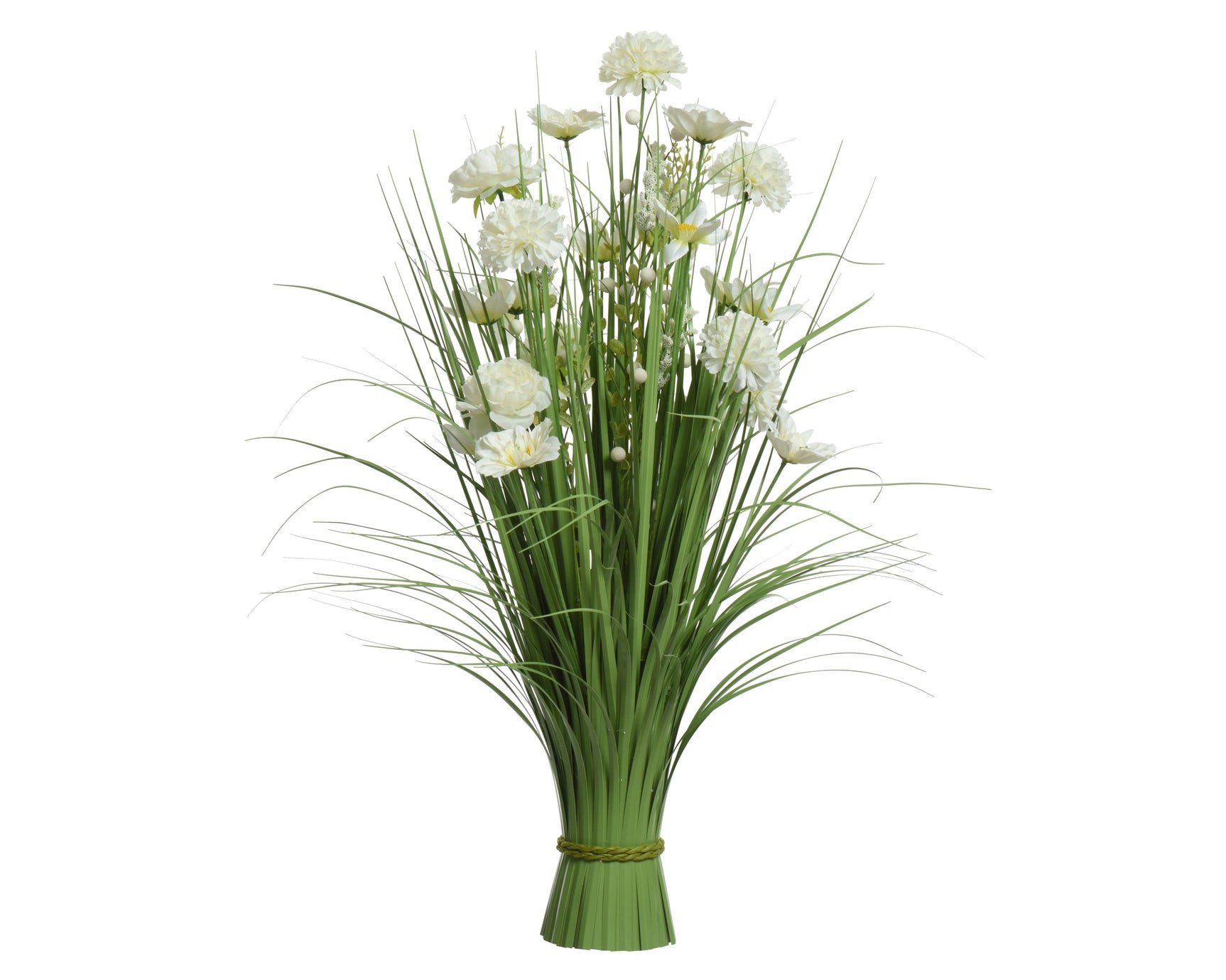 Bundel kunstgras van polyester met witte bloemen, samengebonden