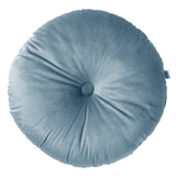 Rond blauw sierkussen met knoopsluiting en plooidetail in het midden