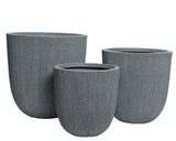 Set van 3 grijze kunststof cilinderplantenbakken met geribbelde structuur
