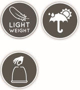 Ronde pictogramstickers met LIGHT WEIGHT en symbolen voor water en onderhoud