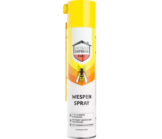 Wespensprayfles met gele dop en etiket aan de voorkant.
