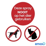 Omgevingsspray-etiket met verbod: gebruik nooit op het dier