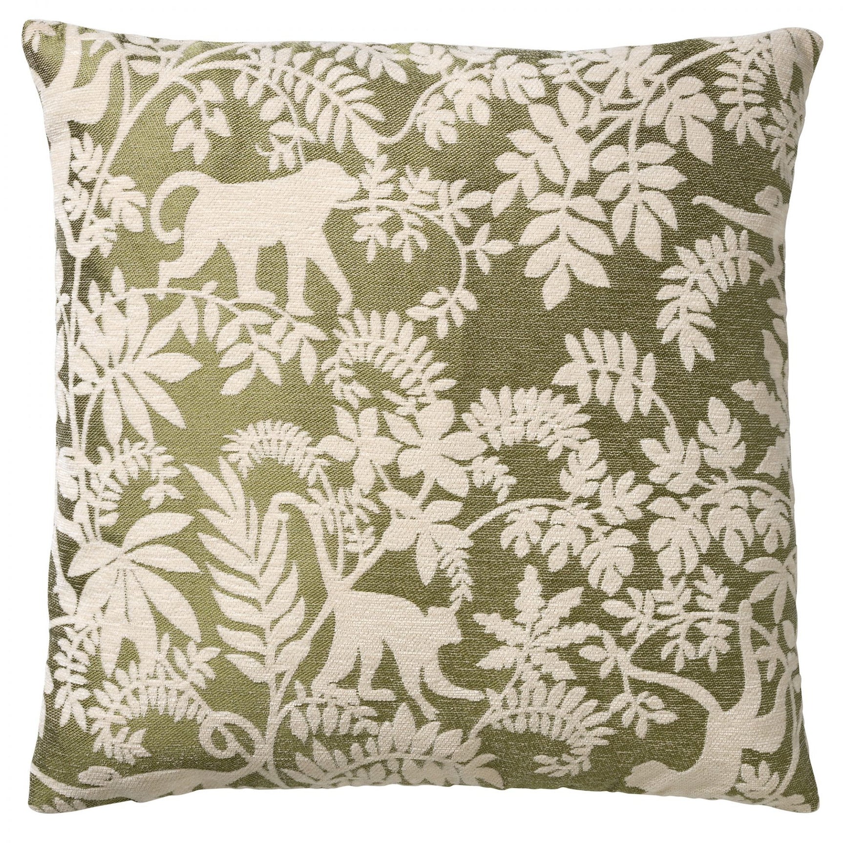 Groen sierkussen 45x45 cm met ivoorkleurig botanisch patroon, vierkante hoes