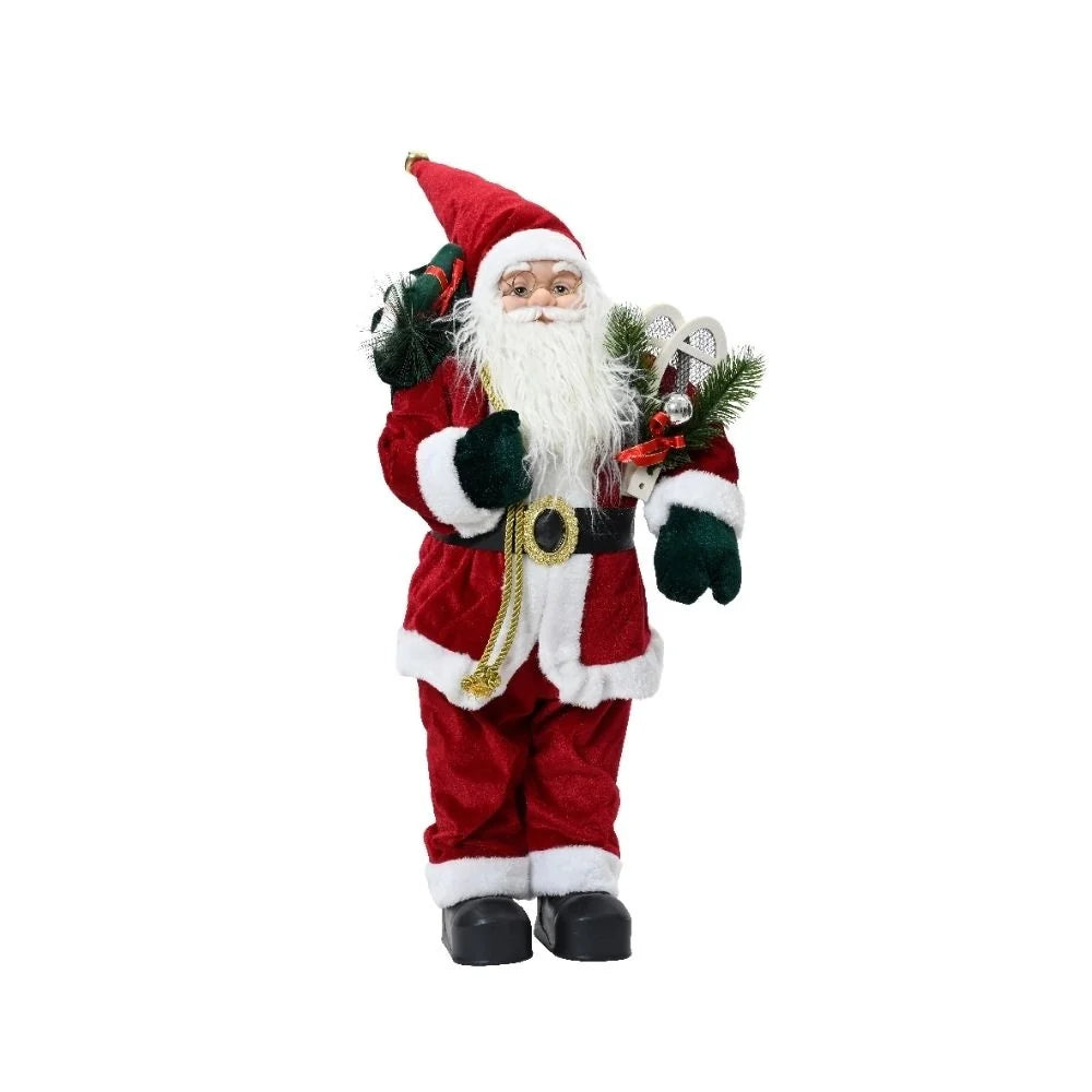Kerstmanpop van 30 cm met rode-witte jas, groene muts en baard, zwarte laarzen