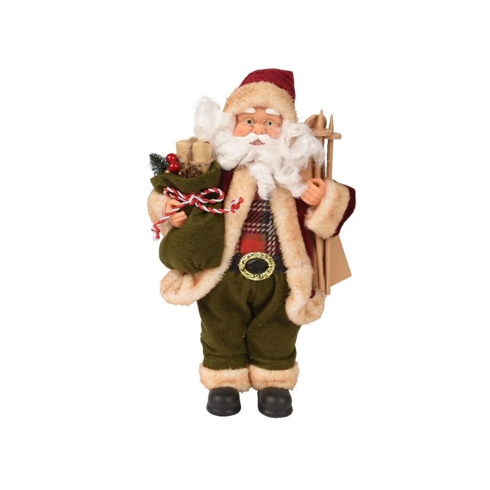 Kerstman pop van polyester van 30 cm met cadeaus en ski’s, rood-groen outfit.