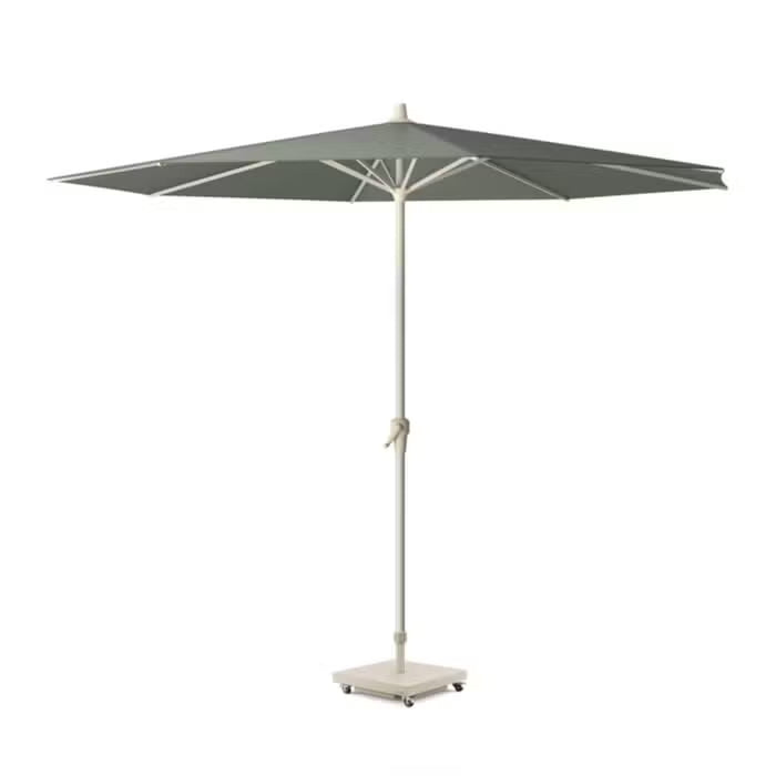 Tuinparasol met ronde kap in zand- en taupetinten, metalen steel en voet
