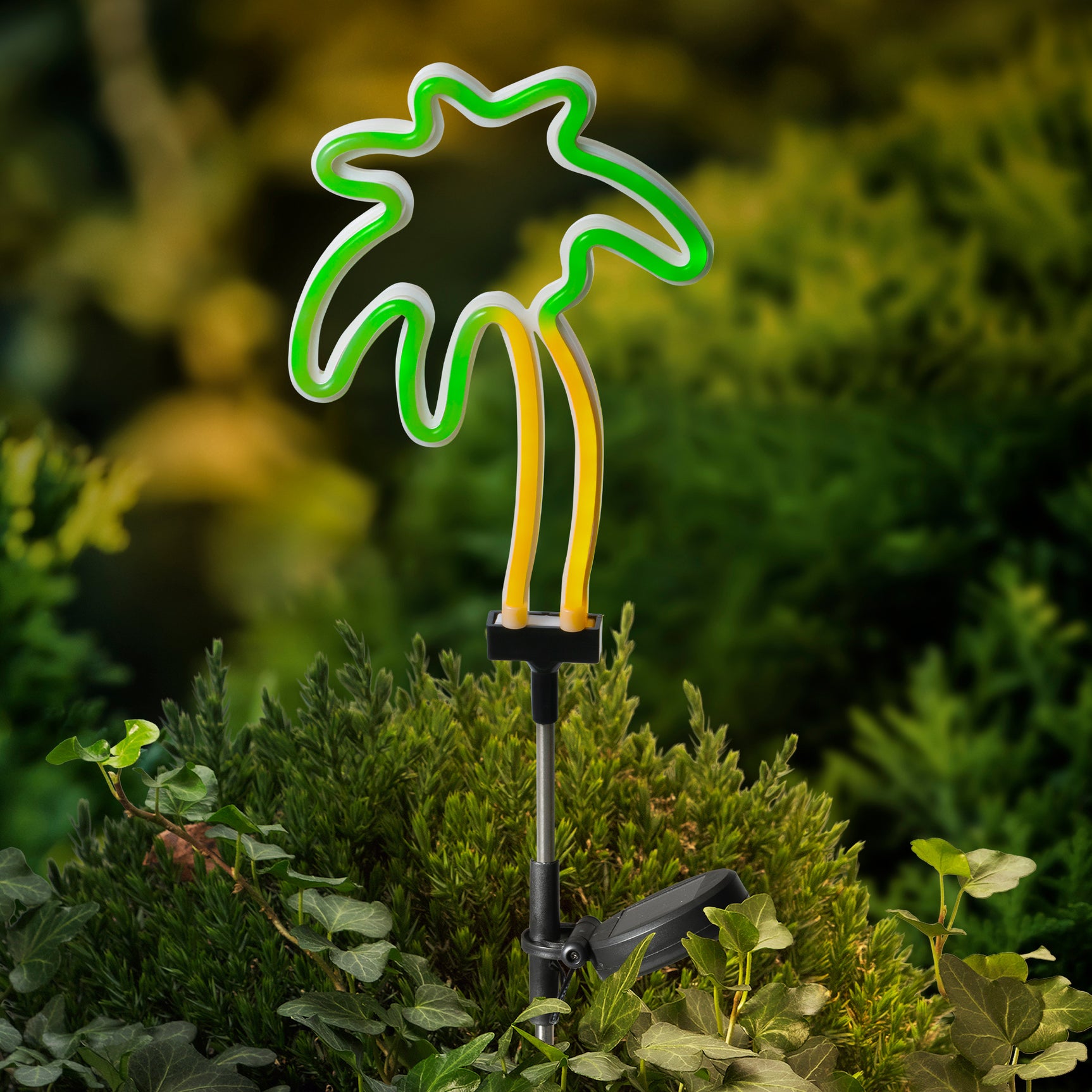 Glanzende palmbomen-vormige solar tuinlamp met kunststof stok, groen/oranje LED-lijnen