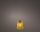 Zonne-hanglamp van gevlochten riet met gele kap, warm licht en ophangketting