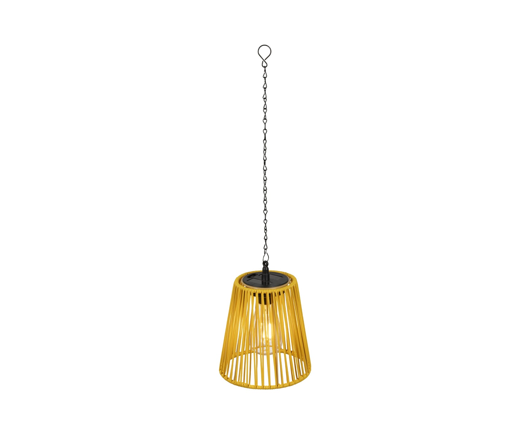 Zonne-hanglamp van gevlochten riet met gele kap en ophangketting
