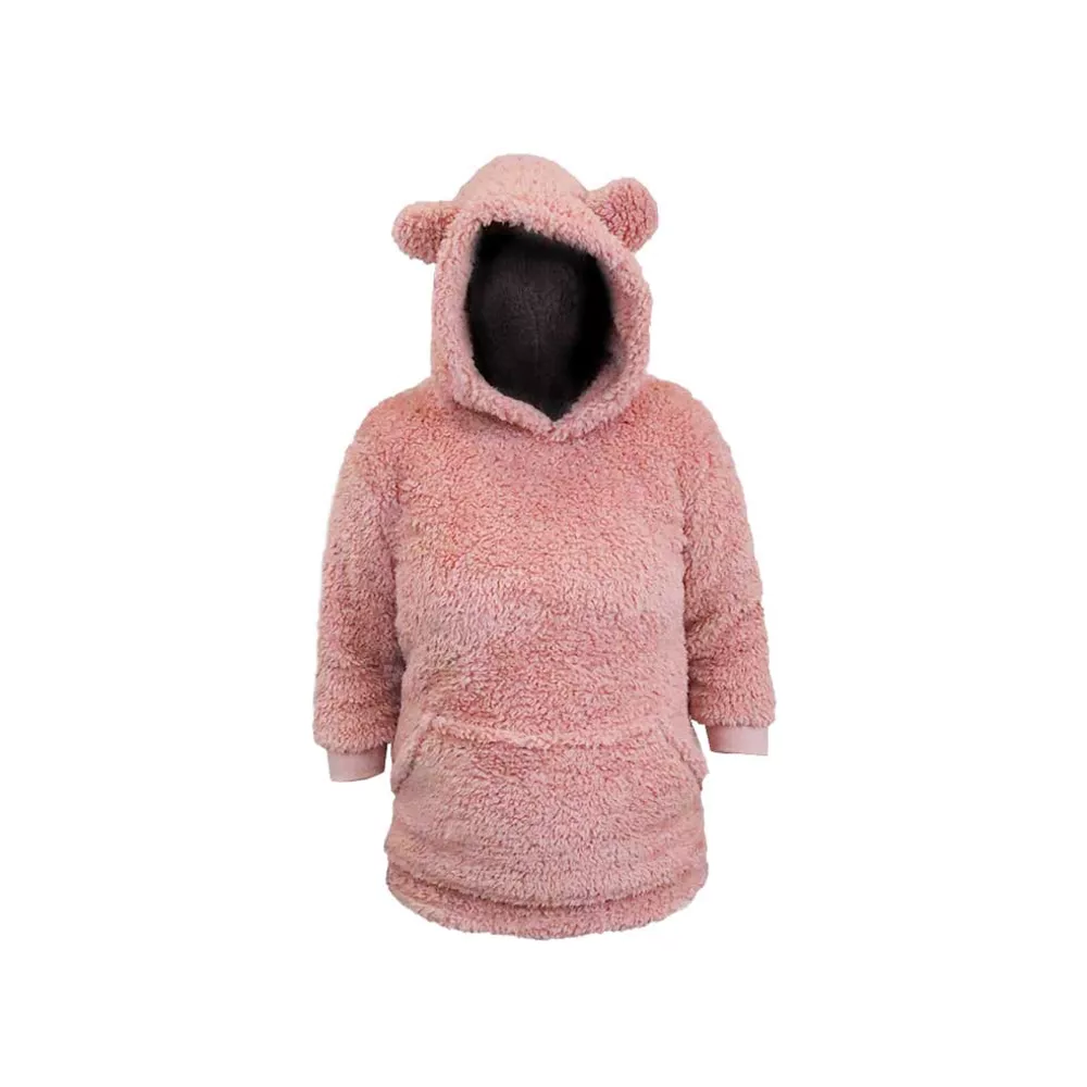 Roze teddy kinderhoodie met capuchon met oortjes en kangoeroezak