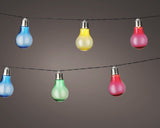 Zonne-energie lichtsnoer met blauwe, gele, roze en groene kunststof gloeilampjes
