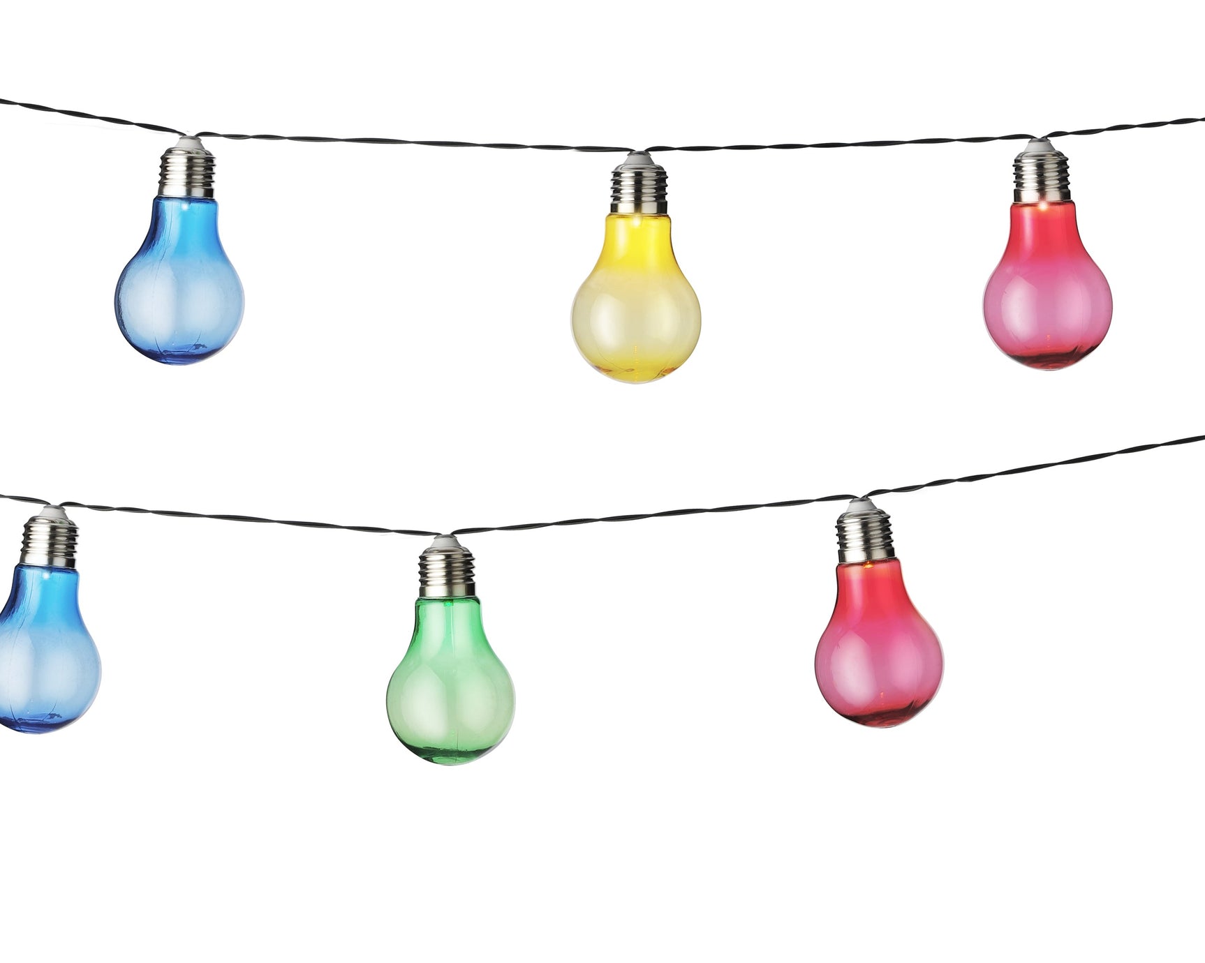 Zonne-energie lichtsnoer met blauwe, gele en roze kunststof gloeilampjes