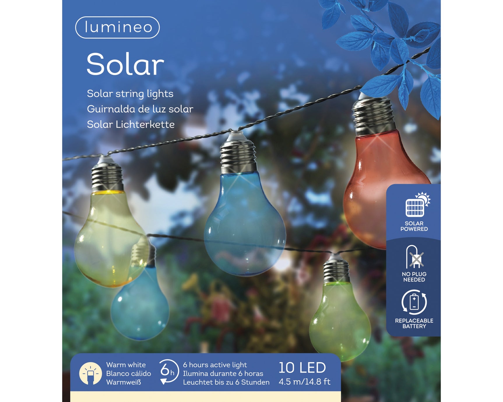 Verpakking van Lumineo zonne-energie lichtsnoer met 10 LED-kunststof gloeilampjes