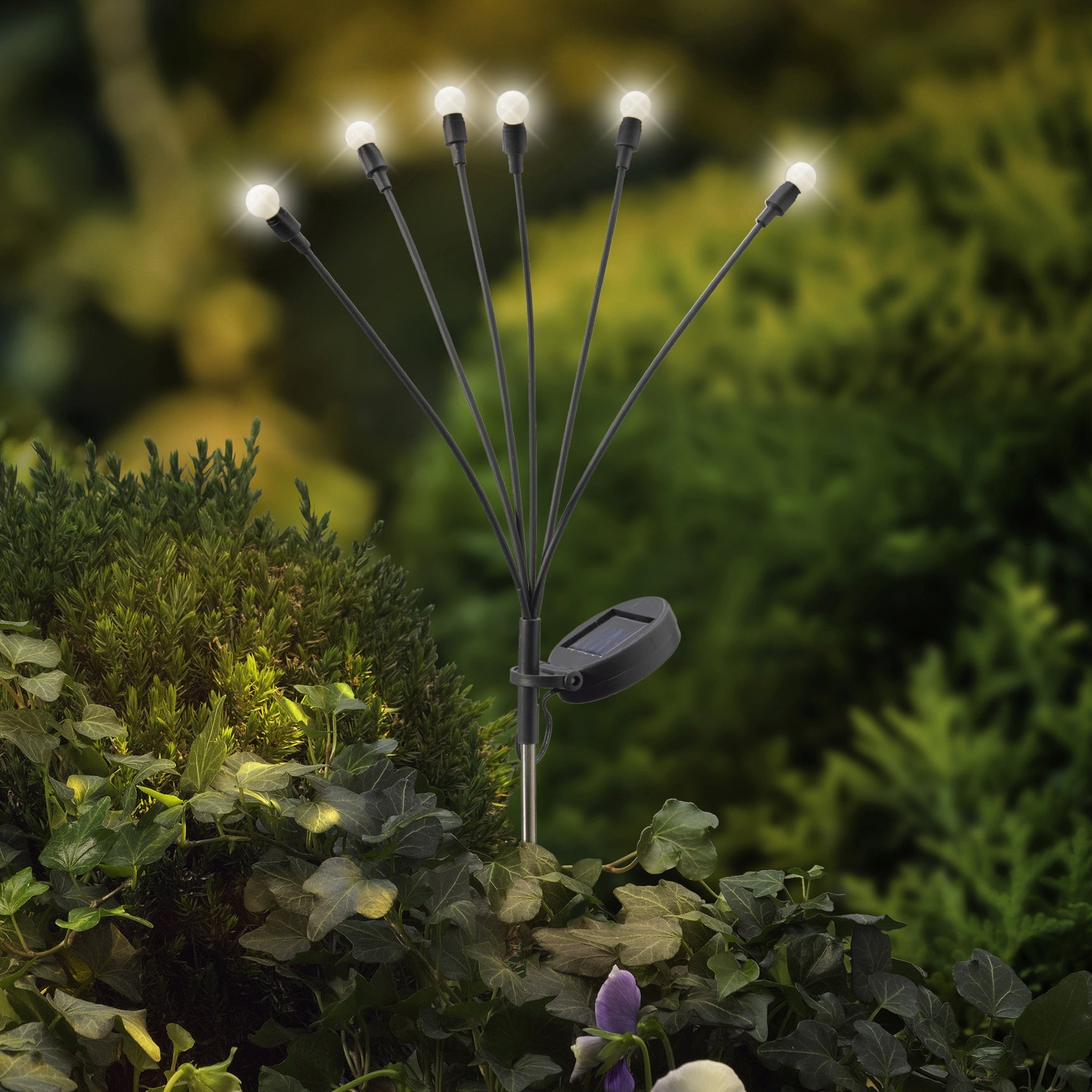 Zonne-energie priklamp met acht brandende lampjes op tuinbodem, met zonnepaneel