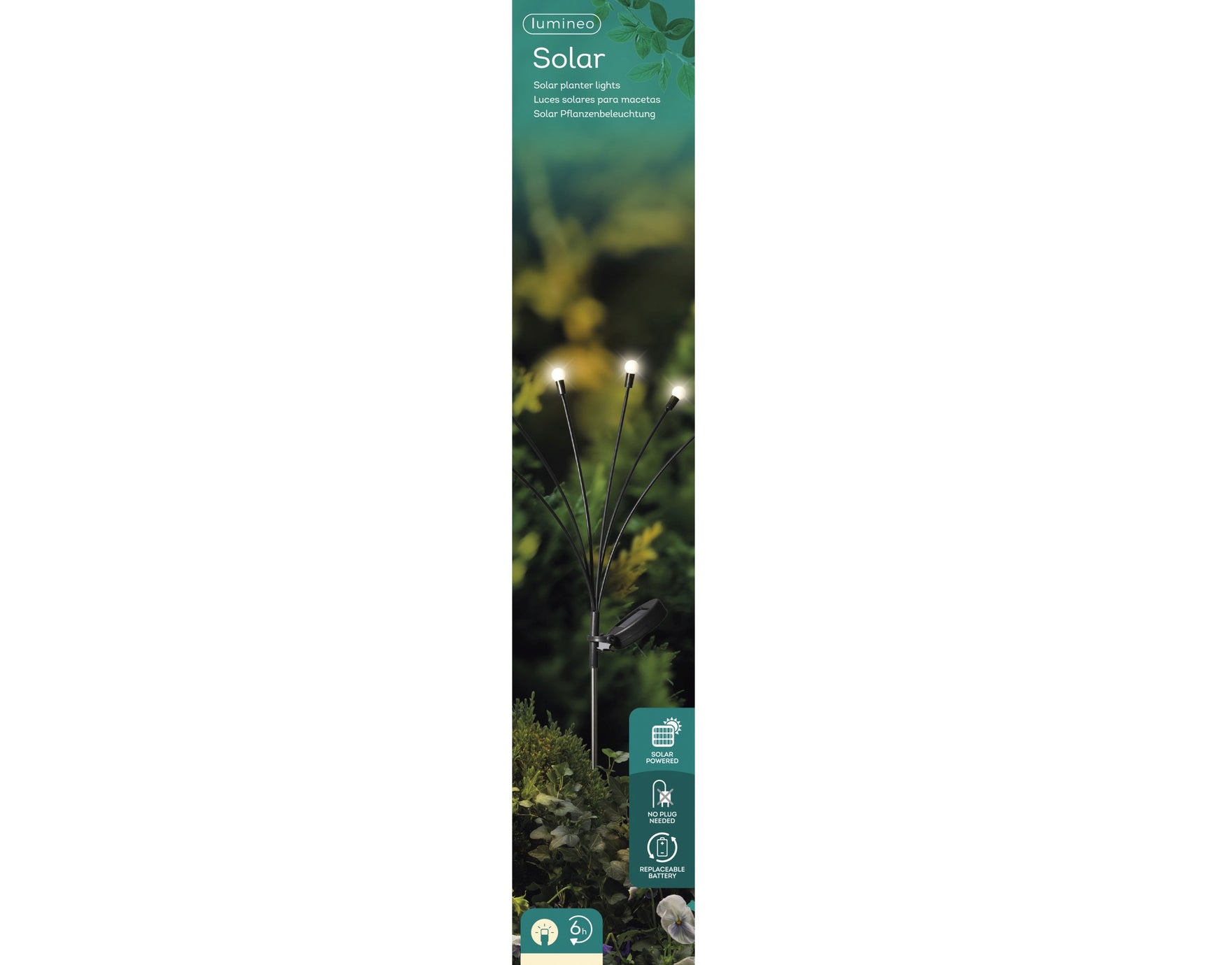 Solar verpakking van tuinpriklamp met productbeeld en pictogrammen