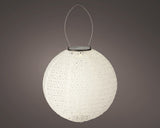 Zonne-lantaarn met ronde nylon bol, wit/grijze gestructureerde stof, hanglus bovenop.