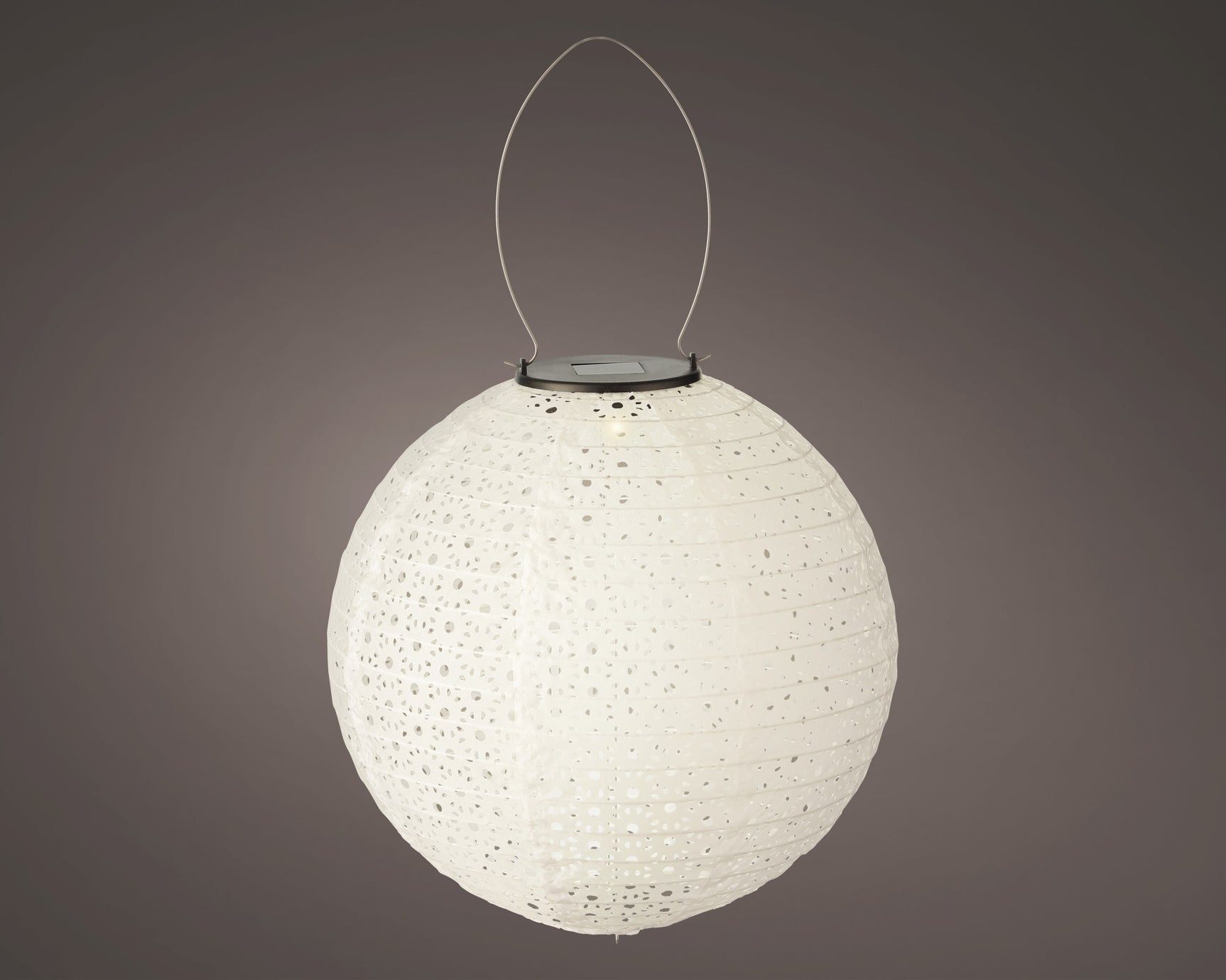 Zonne-lantaarn met ronde nylon bol, wit/grijze gestructureerde stof, hanglus bovenop.