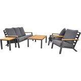 Loungeset met fauteuils, driezitsbank en salontafel; grijze bekleding, houtlook details