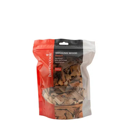 Verpakte beuken rookhout chunks, Barbecook, met houtstukken in de zak.