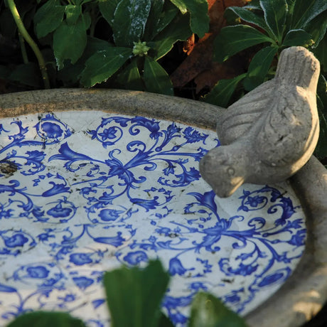 Keramisch vogelbad met Delfts-blauw patroon en grijze duif op de rand