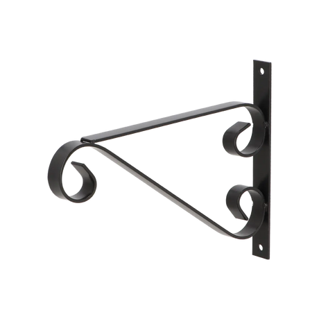 Zwarte metalen wandhaak met krulvormige armen en bevestigingsplaat