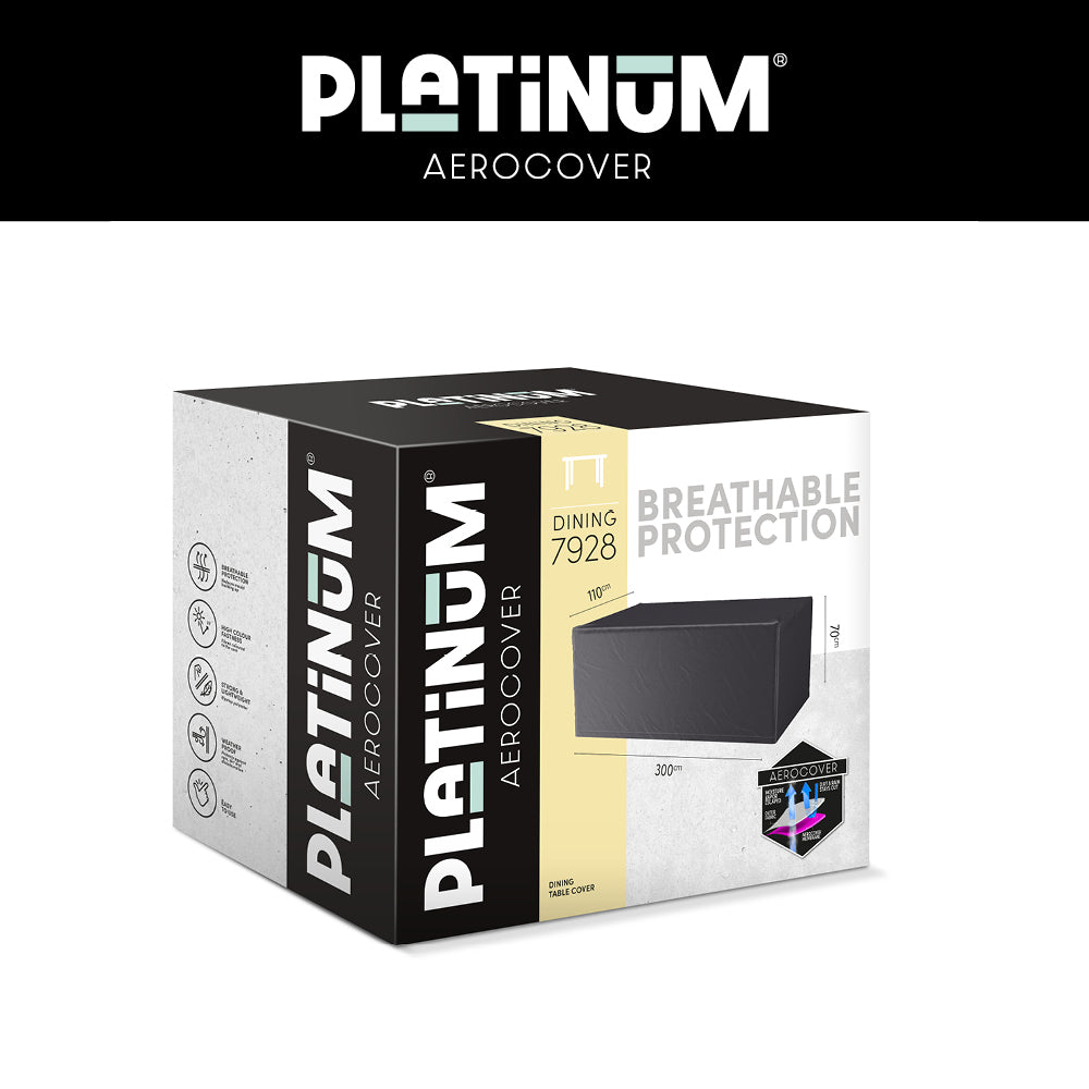 Platinum AeroCover tuintafelhoes, verpakkingsdoos met zwarte en lichtgrijze opdruk