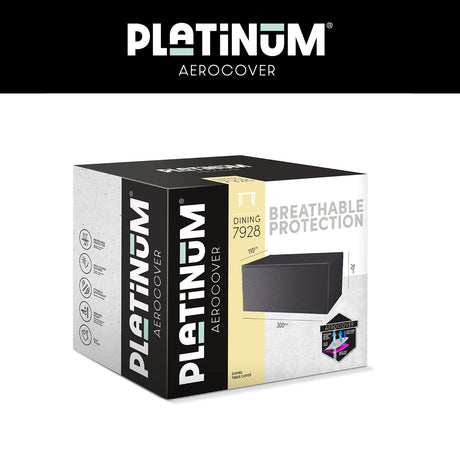 Platinum AeroCover tuintafelhoes, verpakkingsdoos met zwarte en lichtgrijze opdruk