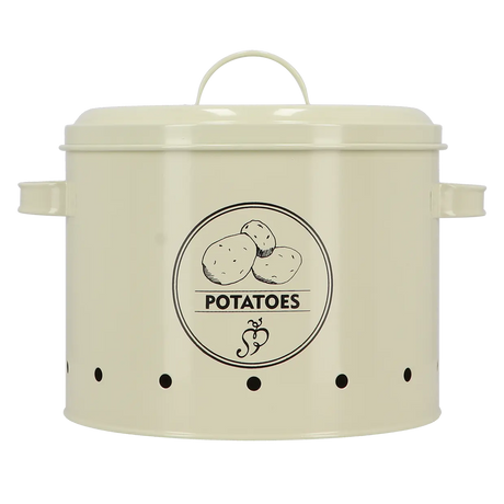 Aardappelvoorraadblik crème met voorzijde-embleem 'POTATOES' en zwarte stippen
