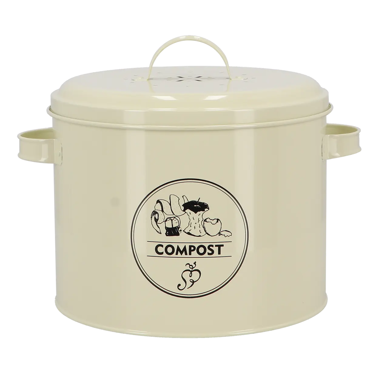 Keukencomposter crème met COMPOST-logo en draaggrepen aan de zijkant