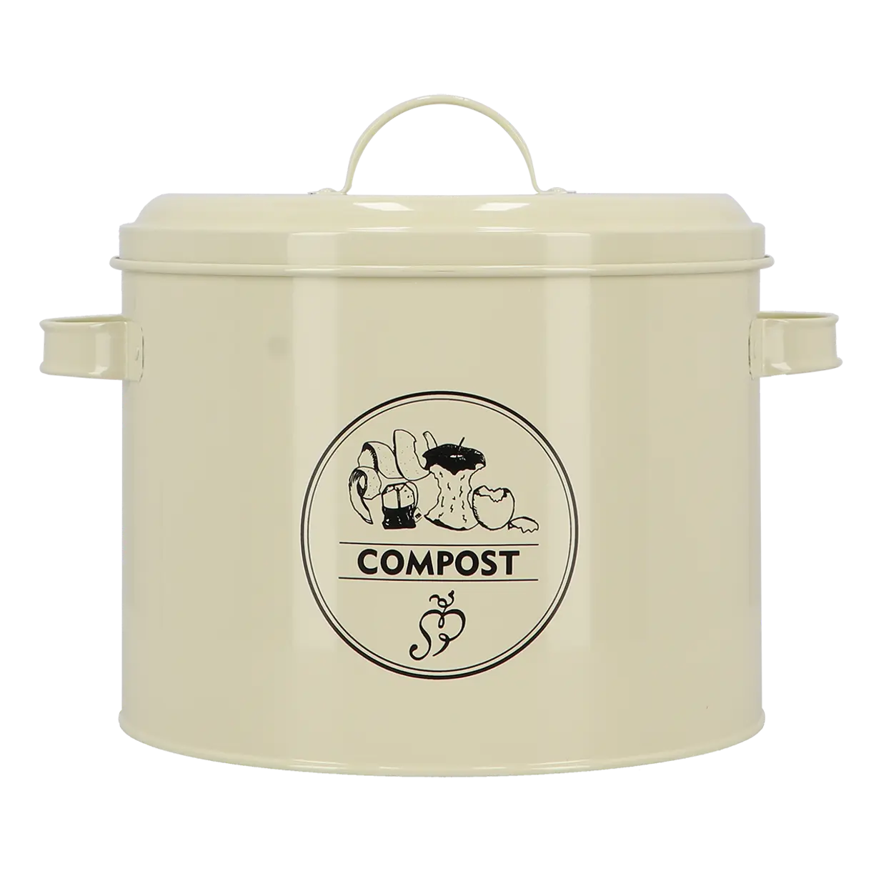 Keukencomposter in crème met gesloten deksel en COMPOST-logo