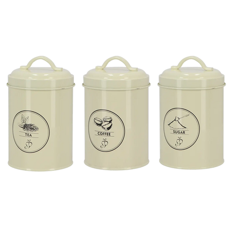Voorraadblik set van 3 in crème: tea, coffee en sugar met ronde etiketten