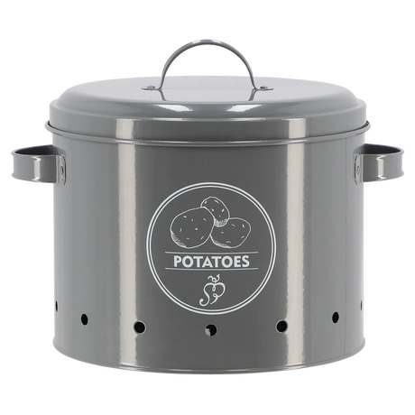 Aardappelvoorraadblik van antracietkleurig metaal, dicht met handgreep en “POTATOES”-logo