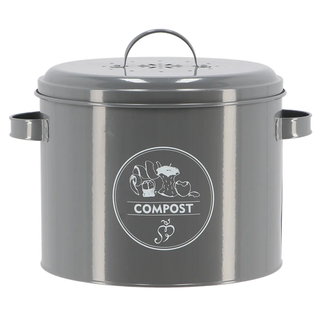 Keukencomposter antraciet met glanzende behuizing, deksel en twee zijhendels.